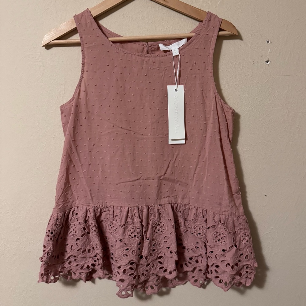 NWT Adyson Parker pink swiss dot with embroidered ruffle hem tank blouse Size XS